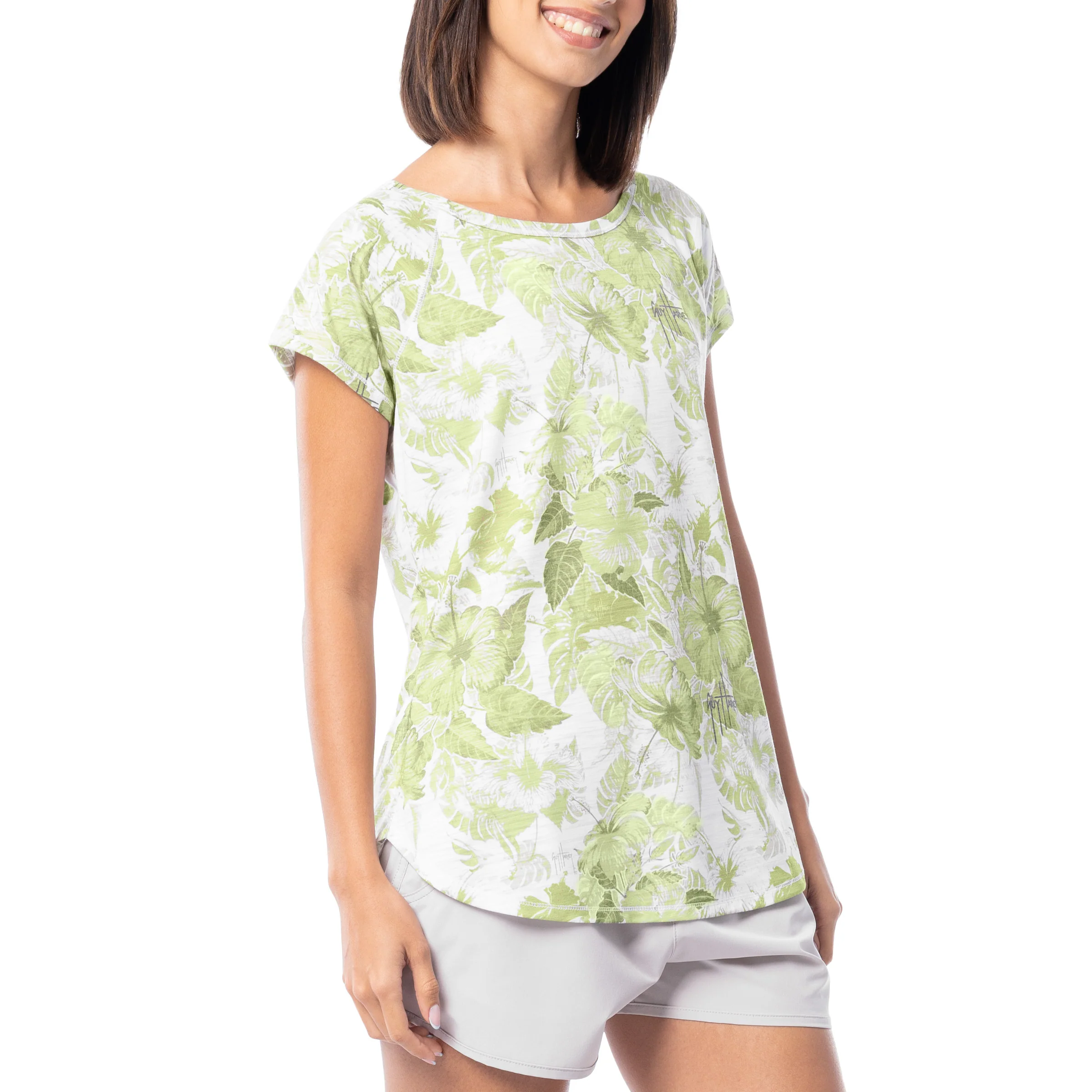 Women's Hibiscus Tonal Short Sleeve Poly/Rayon Slub Top - Image 3
