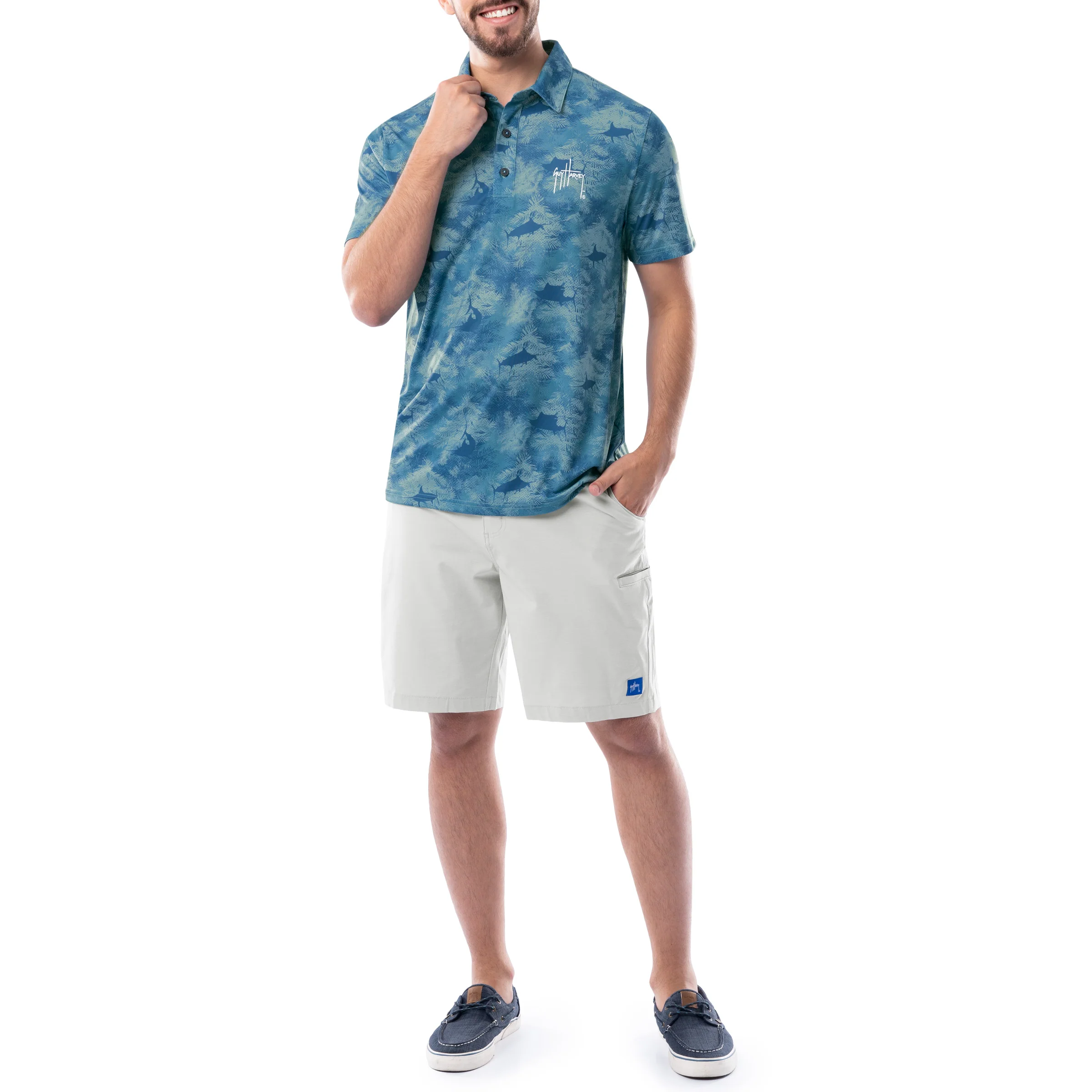 Men's Short Sleeve Urban Palms Blue Printed Performance Polo Shirt - Image 7