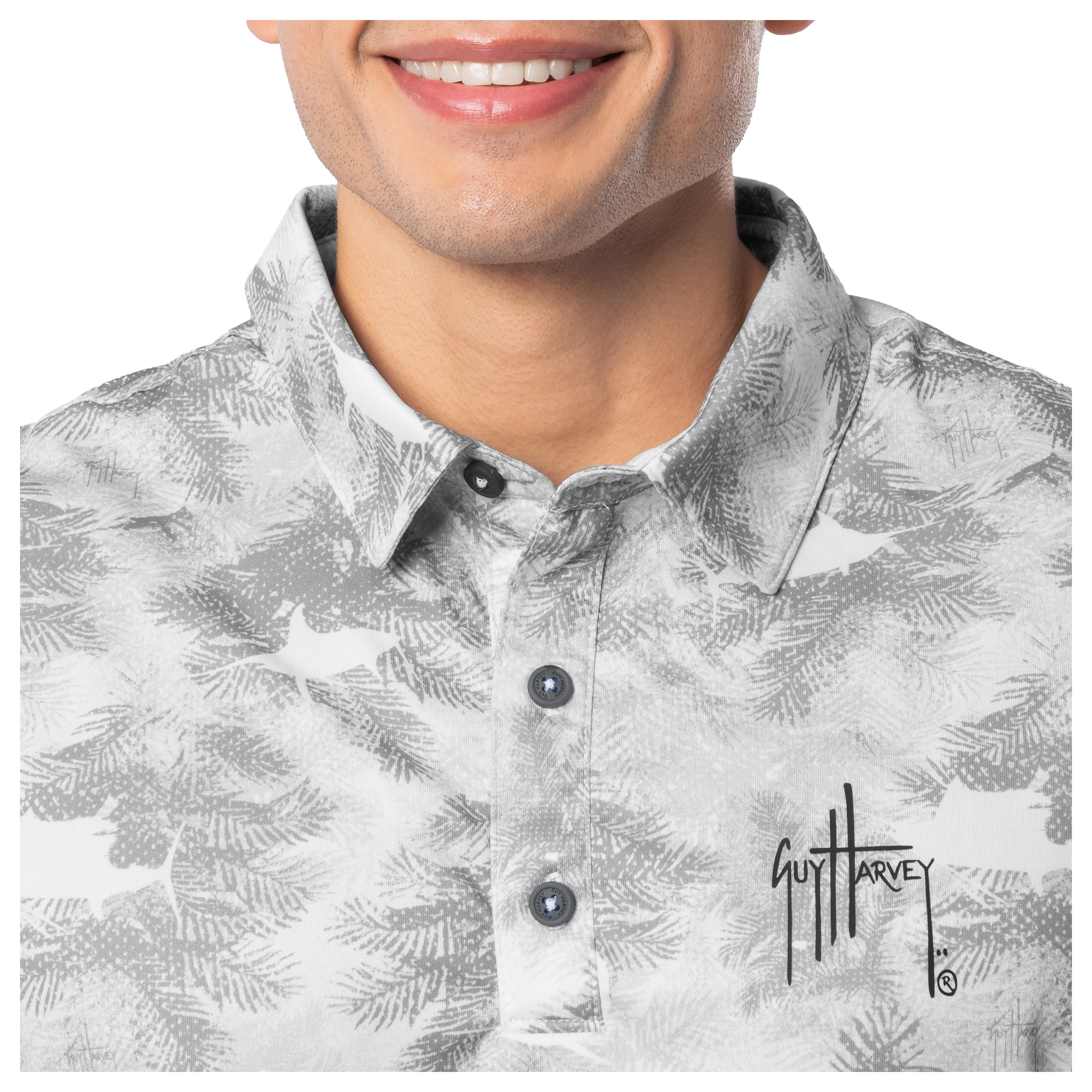 Men's Short Sleeve Urban Palms Gray Printed Performance Polo Shirt - Image 3