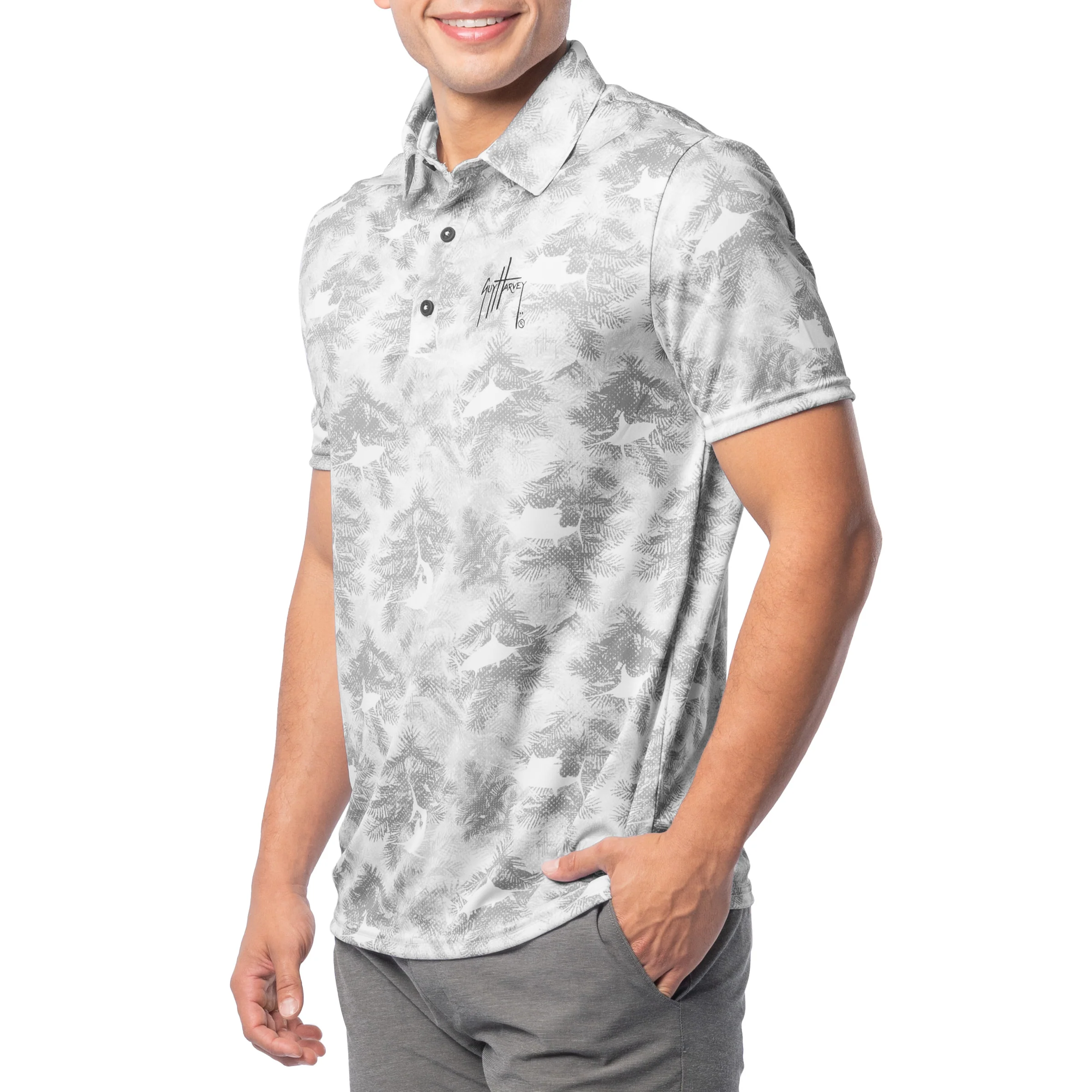 Men's Short Sleeve Urban Palms Gray Printed Performance Polo Shirt - Image 4